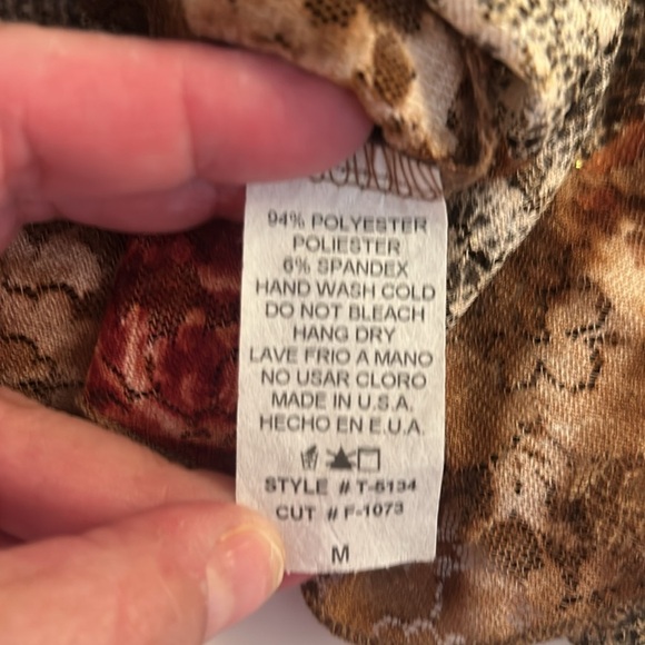 Forever 21 Brown & Tan Gold Tinsel Floral Lace Boho Long Sleeve Top Size Medium - Picture 6 of 6